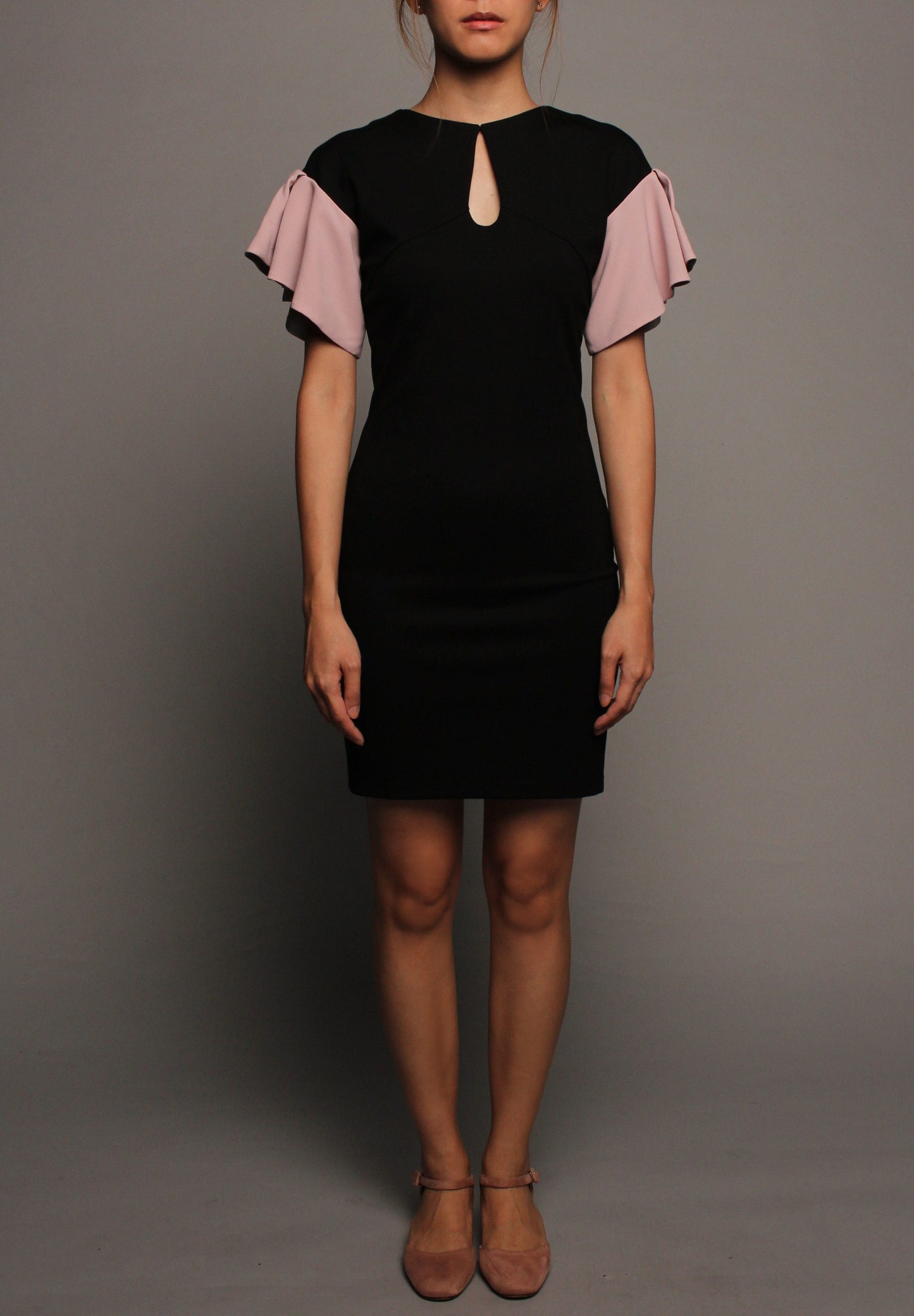 Keyhole Pleated Sleeve Dress (Black with Pink Peplum)