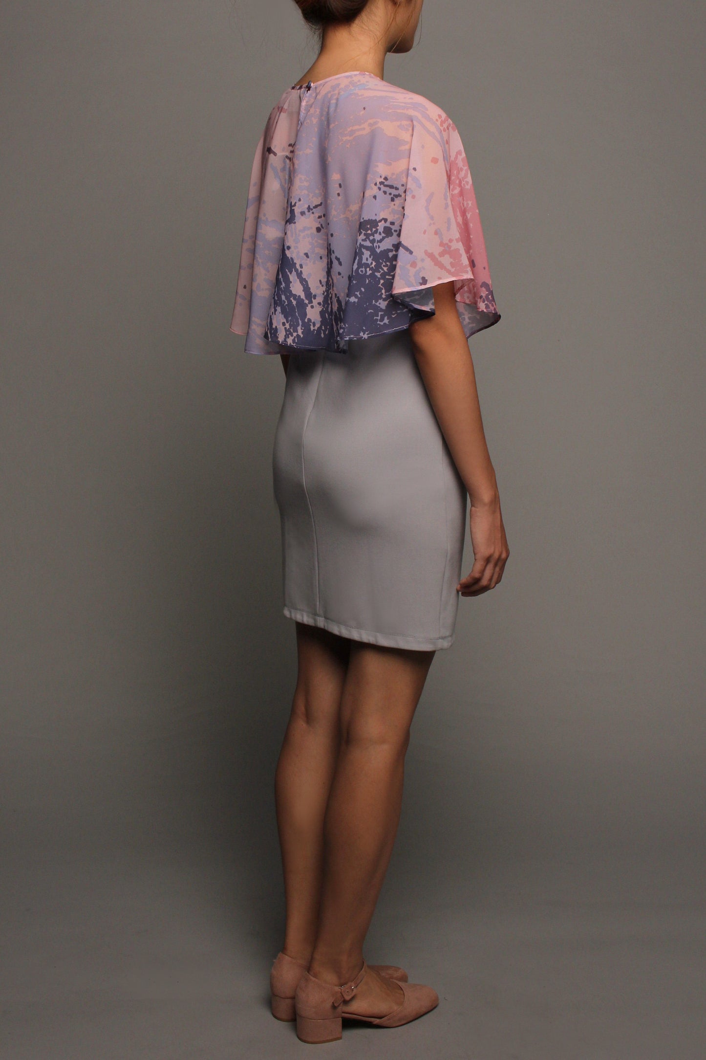 Spag Dress with Cape Overlay (Grey Blue with Pink Cape)