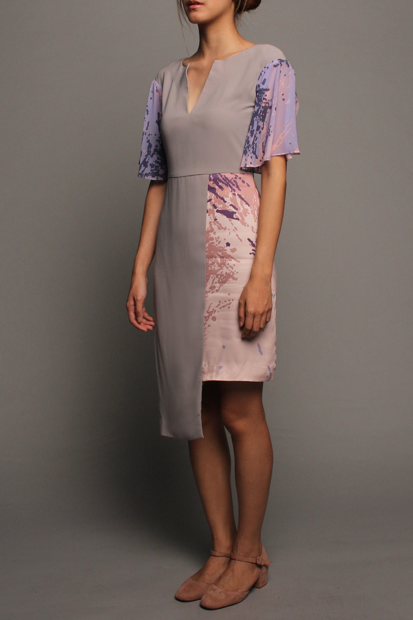Asymmetrical V-neckline Dress (Pink on Grey)